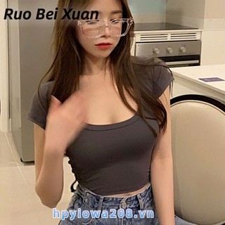 Áo thun lửng ngắn tay cổ chữ u thời trang nữ