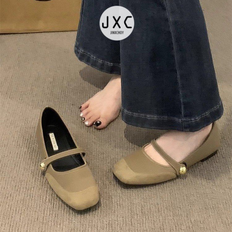 JINxCHOY     Giày Búp Bê Da Lộn Mũi Vuông Đế Thấp Thời Trang retro Cho Nữ