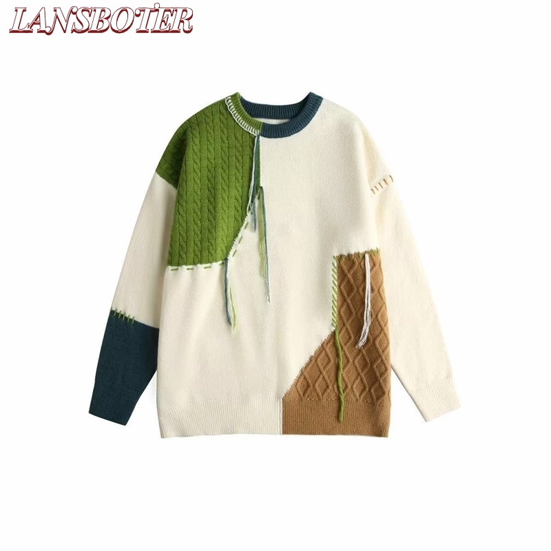 Lansboter Áo sweater Dệt Kim Dáng Rộng Phối Màu Tương Phản Kiểu retro Hàn Quốc Thời Trang Thu Đông Cho Nam