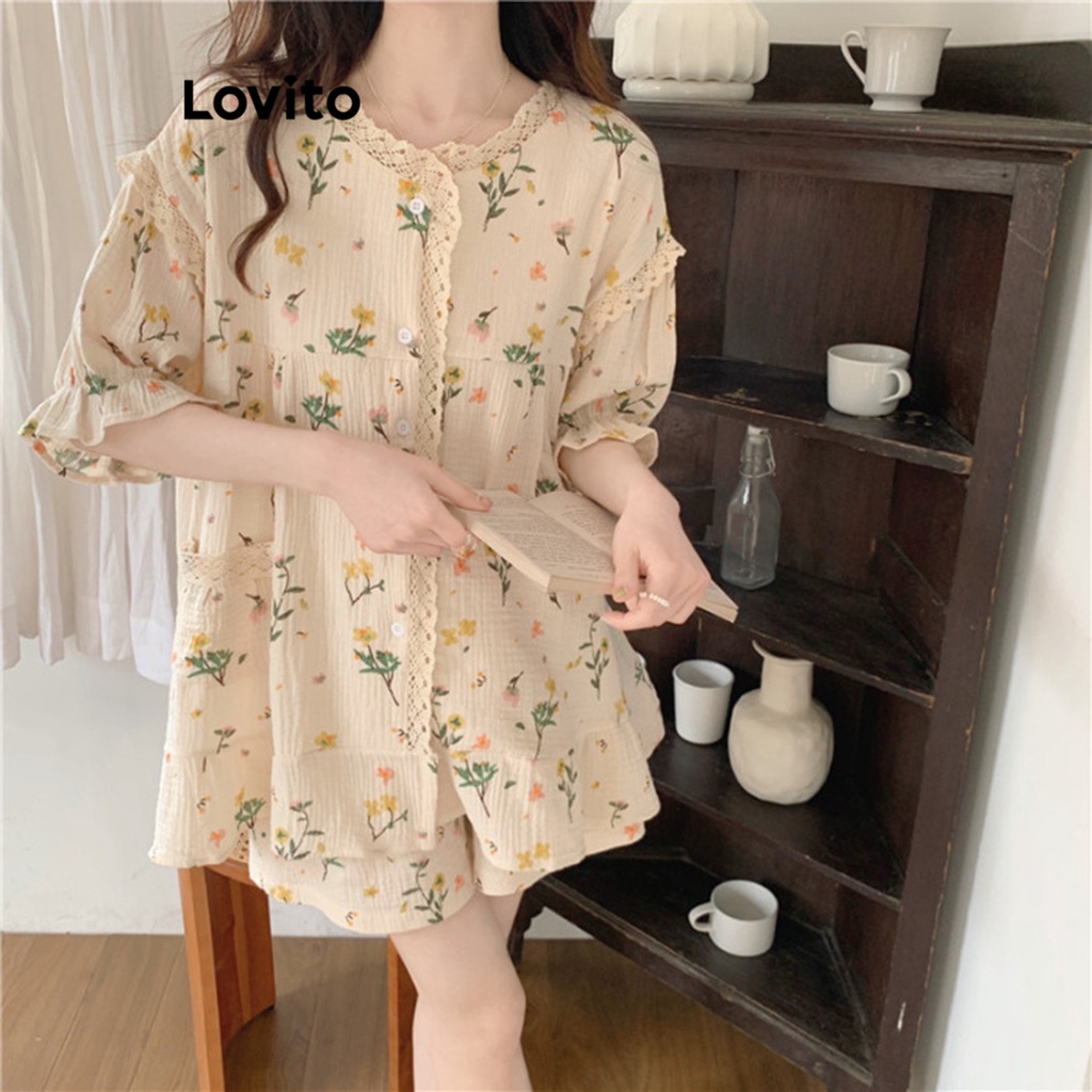 Lovito Bộ đồ ngủ xếp nếp ren hoa Ditsy thường ngày dành cho nữ LNA27252