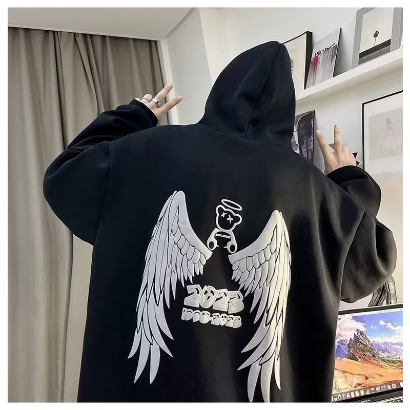 Áo Hoodie Dáng Rộng In Hình Đôi Cánh Thiên Thần Thời Trang Thu Đông Phong Cách Âu Mỹ Cho Nam