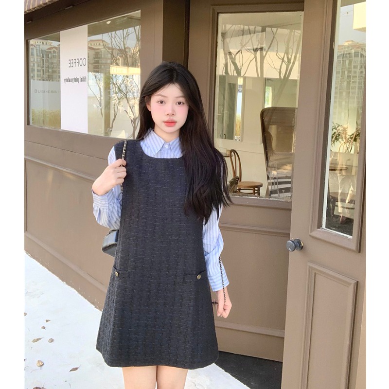 Set Áo Thun Dài Tay Cổ Tròn + Chân Váy Yếm Thời Trang Nữ