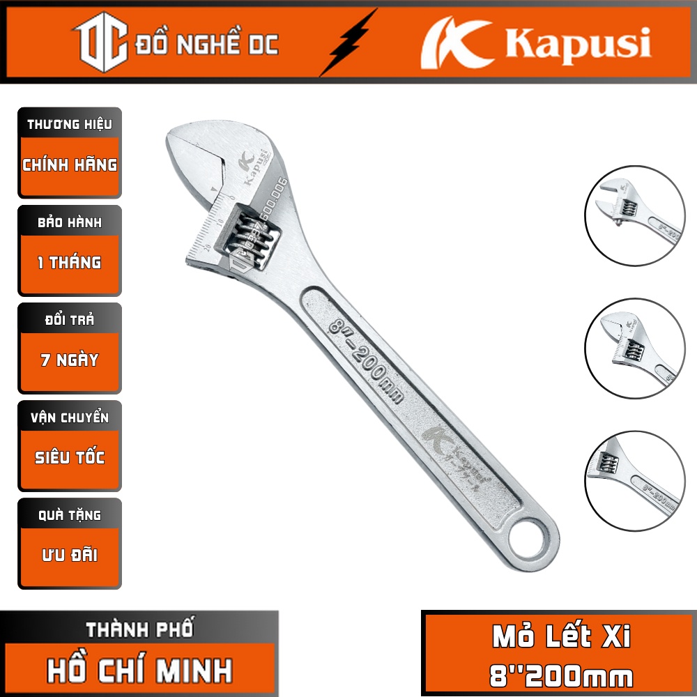 Mỏ Lết Xi, Mỏ Lết Mạ Chrome 8"200mm K-7633 Kapusi Nhật Bản Thép Crôm-Vanadium Công dụng tháo lắp ốc tán răng các loại-SG