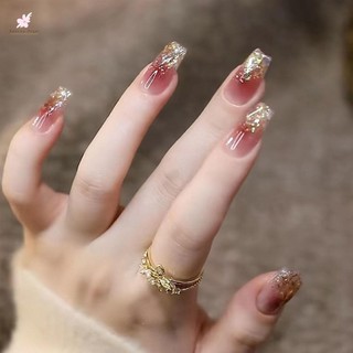 ✨Bộ Móng Tay Giả Che Phủ Toàn Diện Màu Hồng Kèm Lá Vàng Trang Trí Nghệ Thuật