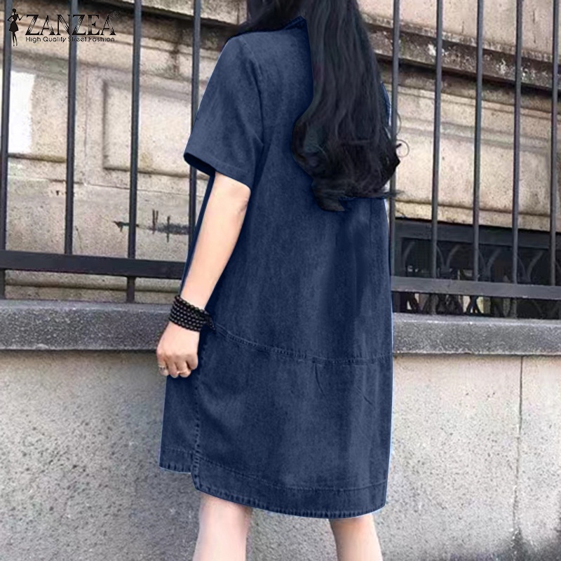 Đầm denim ZANZEA tay ngắn dáng rộng cài nút trước thời trang cho nữ | BigBuy360 - bigbuy360.vn