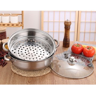Nồi hấp inox 2 tầng, xửng hấp 2 tầng đa năng 28cm, cao cấp nắp kính, cách thủy -trường phát chuyên sĩ