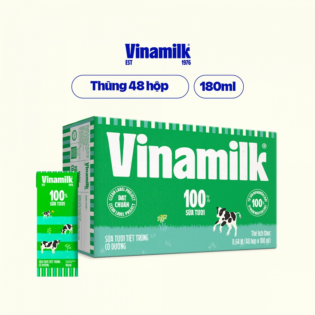 Thùng 48 Hộp Sữa Tươi Tiệt Trùng Vinamilk 100% Có Đường (180ml)