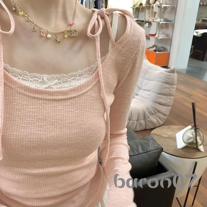 Áo Thun Dài Tay Giả Hai Lớp Phối Ren Phong Cách Đường Phố Cho Nữ | BigBuy360 - bigbuy360.vn