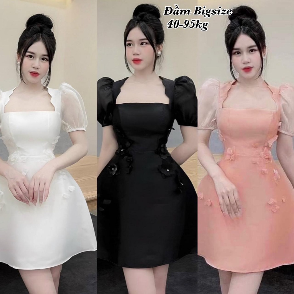 Thời Trang Bigsize Đón Tết - Đầm Váy Bigsize Đính Hoa Tay Bồng Thiết Kế Dự Tiệc Nữ Vải Tafta Vân Đá Cao Cấp Xinh 40-95kg