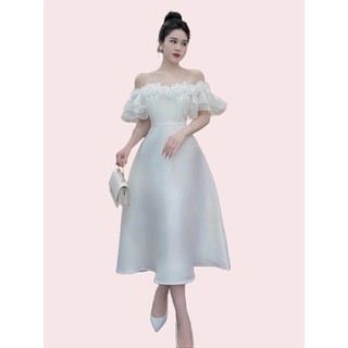 Đầm trễ vai đi tiệc A504 có bo chun vai phối hoa laser form xòe dáng dài chất tafta cao cấp lót lụa freesize KimHoa77