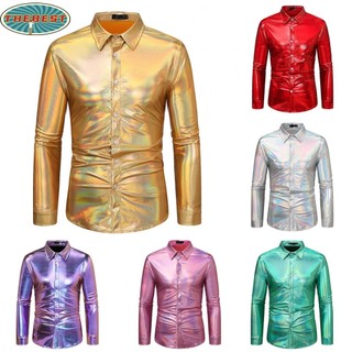 Men Shirt Attractive Autumn Button Down Disco Lapel Long Sleeve Nightclub