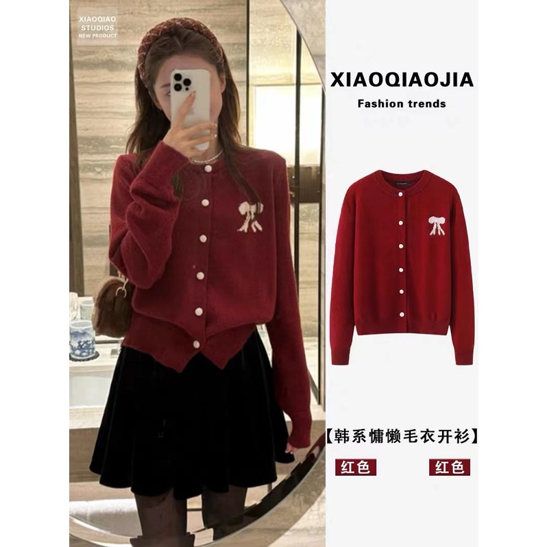 Năm Mới Giáng Sinh Tro Đỏ Nơ Áo Len Áo Khoác Ngoài Nữ Thu Đông Cổ Tròn Ngắn Phong Cách Dệt Kim Cardigan