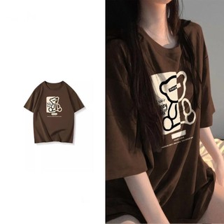 Áo Thun Cotton In Hình Gấu Nâu Form Rộng Tay Lỡ