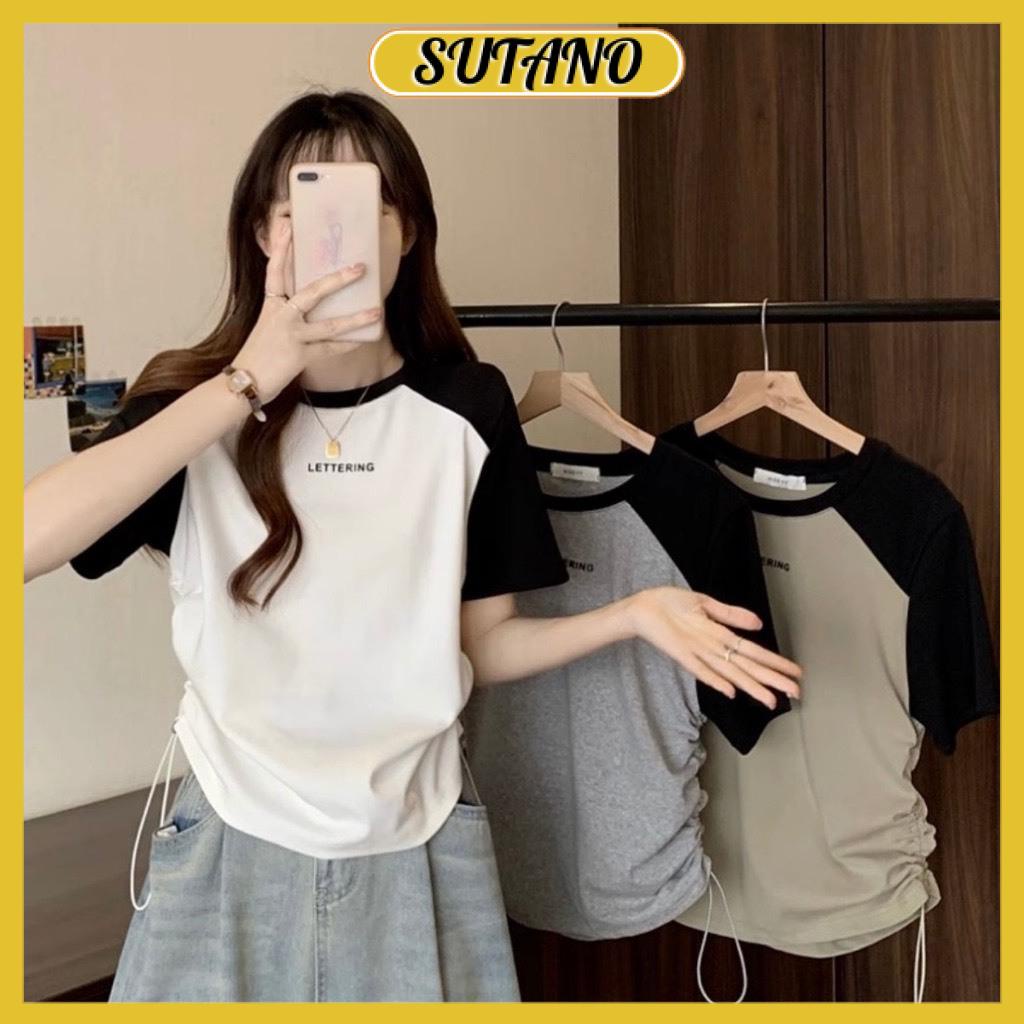 Áo thun baby tee nữ cổ tròn tay ngắn rút dây 2 bên họa tiết chữ lettering chất thun tăm co giãn A309 SUTANO | BigBuy360 - bigbuy360.vn