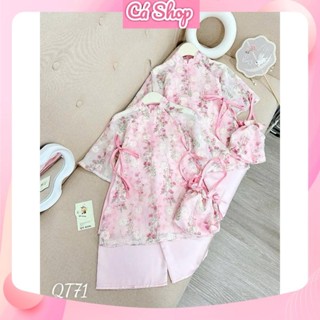 Set bộ áo dài tết QT71, Áo dài cách tân hồng hoa nhí quần lụa kèm túi cho bé gái