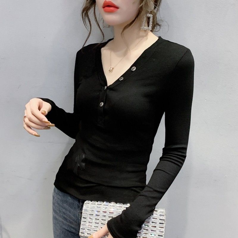 Áo Thun Tay Dài Cổ Chữ v Dáng Ôm Phong Cách Châu Âu Thời Trang Xuân Thu Cho Nữ