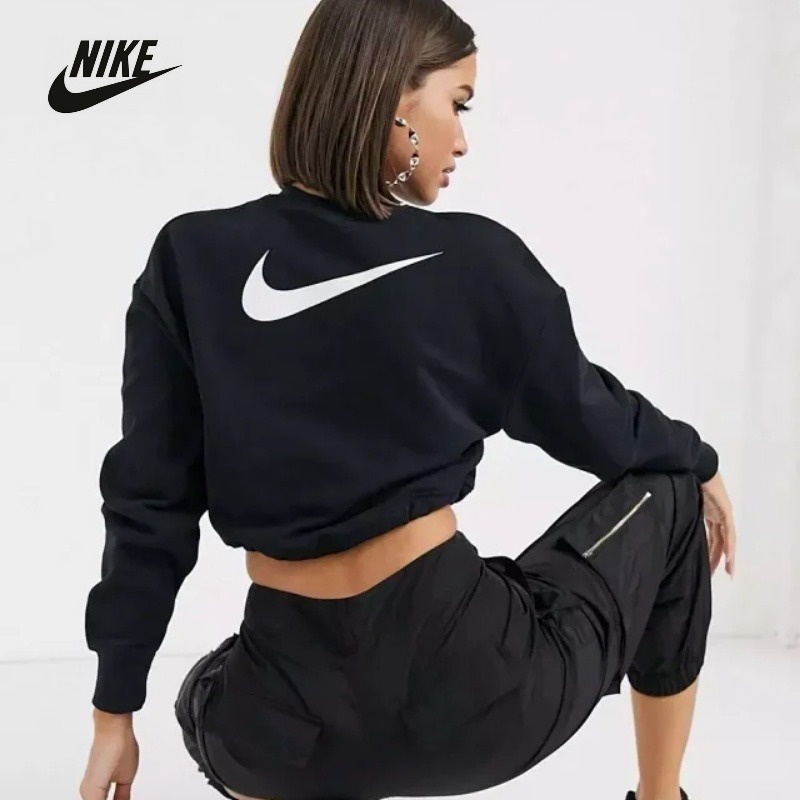 Nike Áo Sweater Dệt Kim Tay Dài Cổ Tròn Lưng Cao Kiểu Thể Thao Cá Tính Cho Nữ 100%