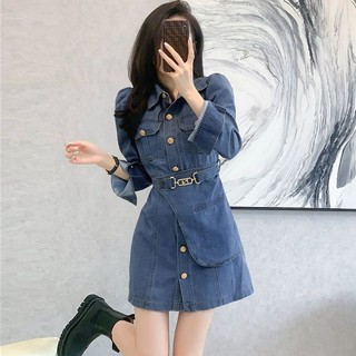 Đầm denim Tay Dài Dáng Ngắn Phong Cách Thời Trang Pháp 2023