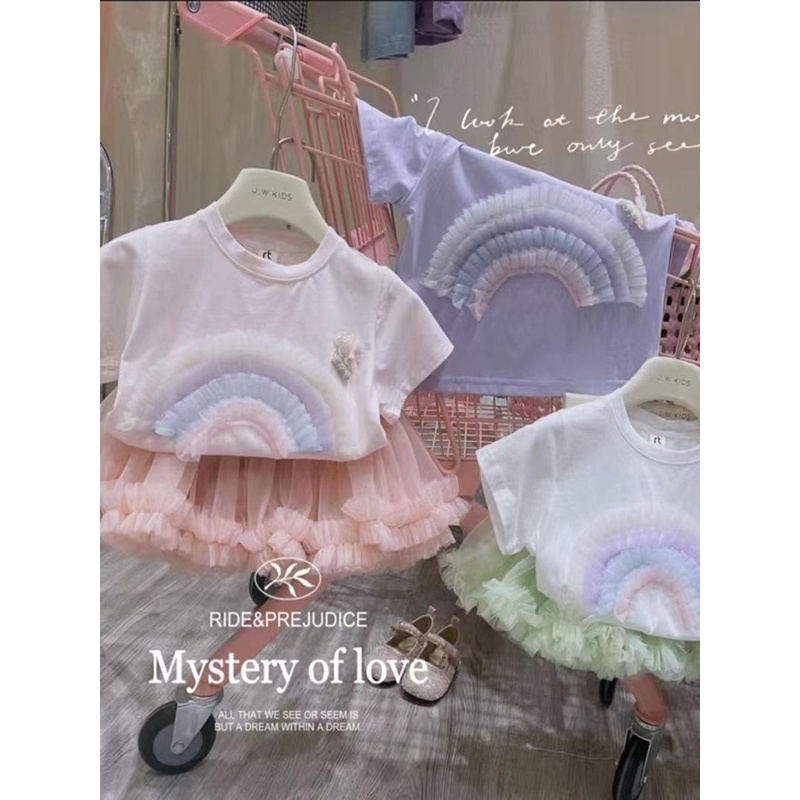 Áo Thun Lưới Tay Ngắn Màu Trơn Họa Tiết Cầu Vồng Ba Chiều Thời Trang Mùa Hè Dành Cho Bé Gái