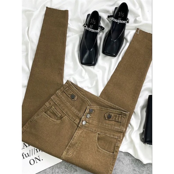 Quần Jean Kaki Lưng Cao Ôm Dáng Nhiều Nút Phong Cách retro Mùa Đông 2023 Cho Nữ