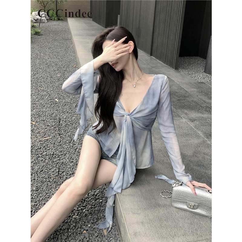 Cccindee Áo Thun Tay Dài Ống Loe Nhuộm Màu Tương Phản Thời Trang Mới 2023 Cho Nữ