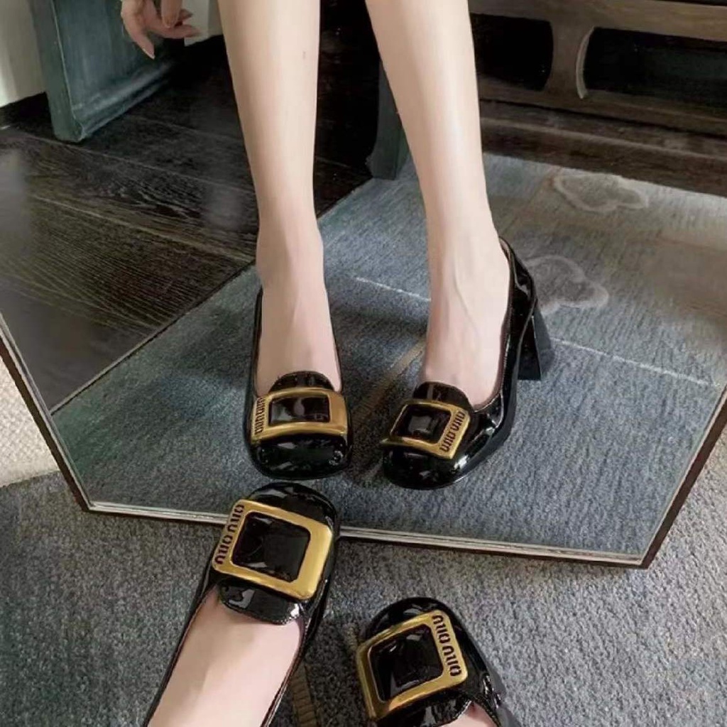 MIU MIU Mary Jane high-heeled shoes 2023 new French square buckle shoes British style small leather shoes Internet celebrity