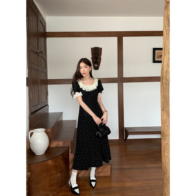 Đầm maxi Màu Đen Tay Phồng Phối Ren Hoa Phong Cách vintage Pháp