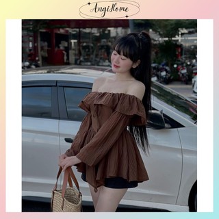 Set áo bẹt vai bèo nâu tay loe + quần short đen angi home
