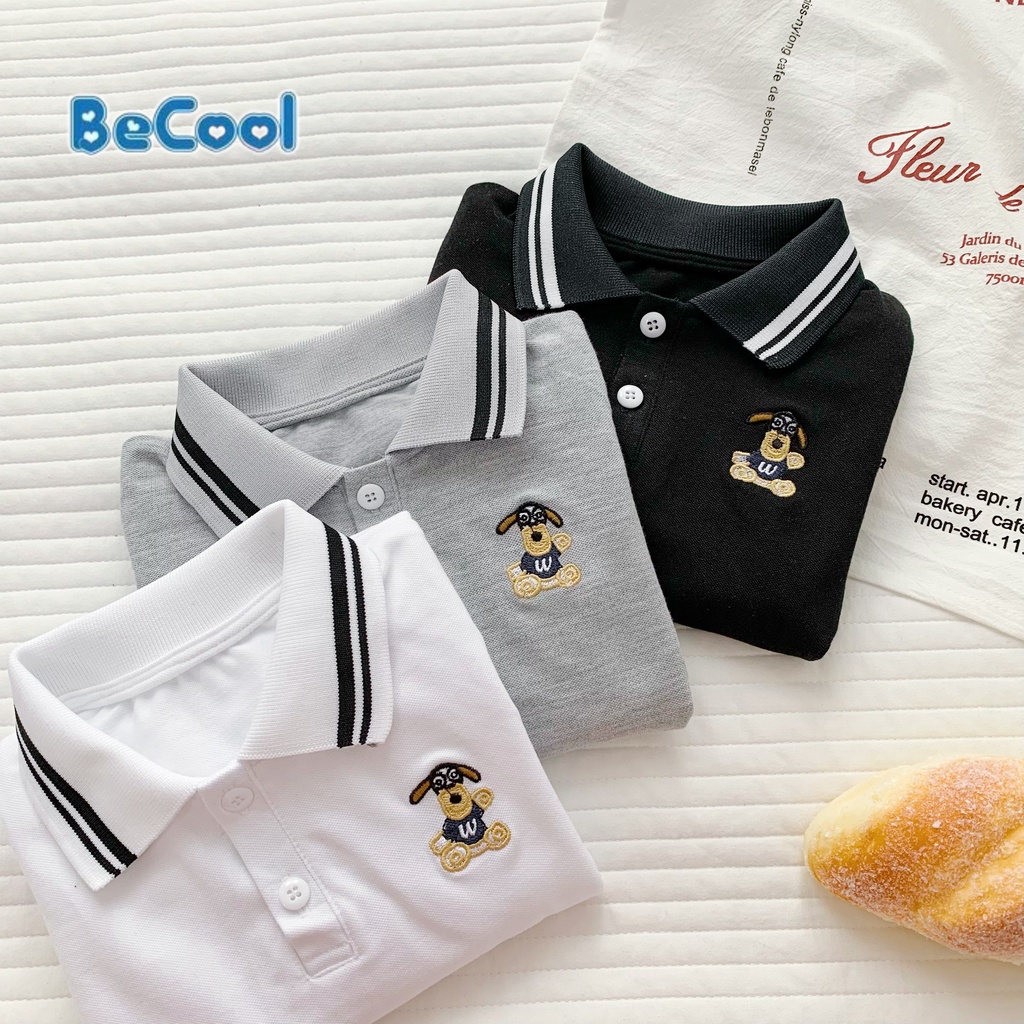 Áo Polo Dài Tay Thêu Hình Gấu Cho Bé Chất Thun Cotton Cao Cấp BeCool, Áo Dài Tay Thu Đông Cho Bé Từ 10-27kg
