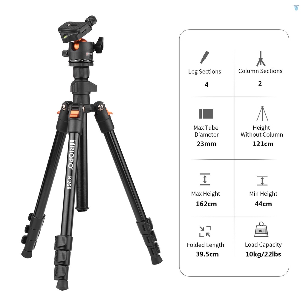 Giá Đỡ Ba Chân Bằng Hợp Kim Nhôm Xoay 360 Độ Cho Máy Ảnh k268°Băng Đô 162cm / 63.8in max. panorama ball head 162cm Chân Máy Ảnh 10kg / 22lbs Có Túi Đựng Tiện Dụng