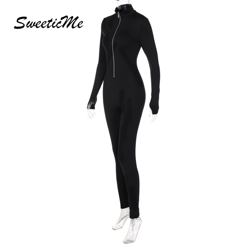 Áo liền quần Tay Dài Dáng Ôm Màu Trơn Phối Khóa Kéo Thời Trang   Cho Nữ