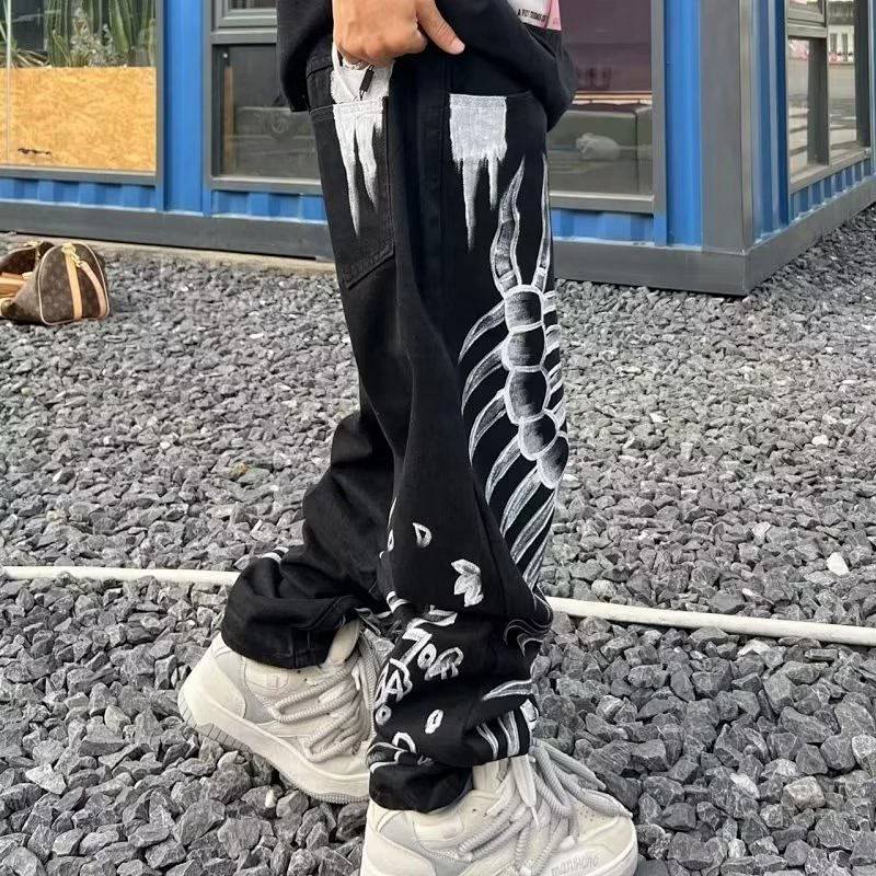 Graffiti Skull Personality Printed Jeans Men and Women New Ins Street Trend Hip Hop Straight Loose Pants GXnC