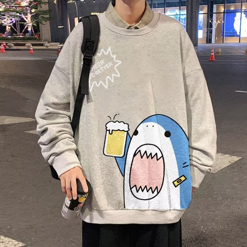 Áo sweater nam bigsize M-8XLÁo Sweater cotton Nhung Dày Tay Dài Cổ Tròn In Hình Cá Mập Hoạt Hình Phong Cách Mỹ Thời Trang Mùa Thu Cho Nam