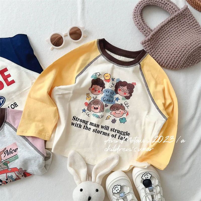 Áo Thun cotton Tay Dài Màu Tương Phản Thời Trang Xuân Thu 2023 Cho Bé Gái