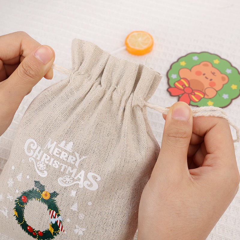 S / m / l Túi Đựng Kẹo Vải Lanh Dây Rút In Họa Tiết Giáng Sinh 3 Kích Cỡ