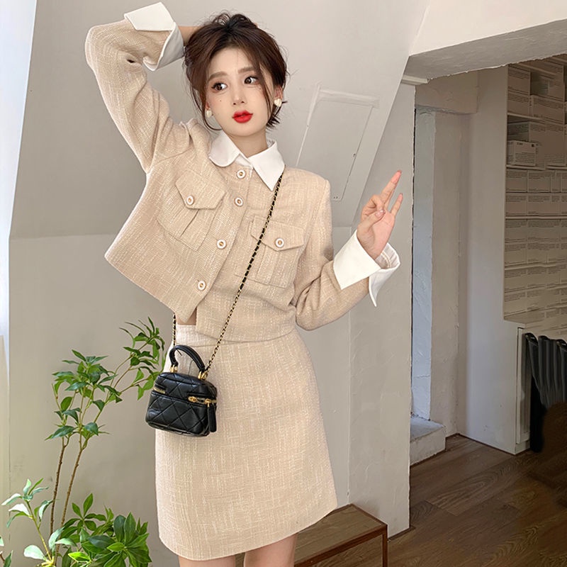 Áo khoác vải tuýt ngắn+váy dài vừa phải set đồ nữ áo khoác ngắn tay cổ tròn dài tay váy ngắn quần áo thời trang nữ phong cách hàn quốc