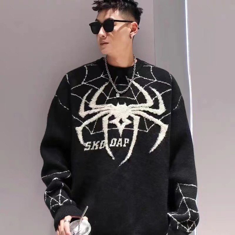 Áo sweater Tay Dài Dáng Rộng In Hình Nhện Phong Cách retro Mỹ Cho Nam