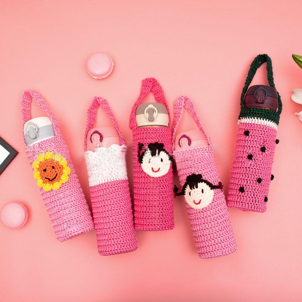 Túi Đựng Bình Nước 800-1000ml Bằng Len Họa Tiết Hoạt Hình Dễ Thương Kèm Dây Đeo Tiện Dụng