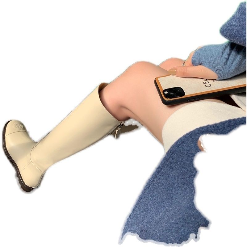 Giày Bốt Da Mềm Đế Bằng Mũi Tròn Phối Lông Cừu Phong Cách Thời Trang Mới 2023