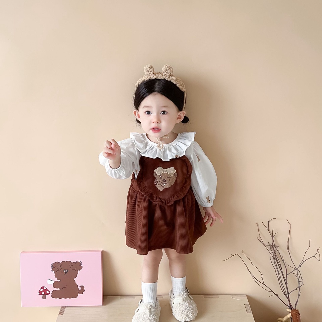 Bộ Áo Cổ Ren In Hoạt Hình + Chân Váy Yếm Xinh Xắn Thời Trang Cho Bé Gái