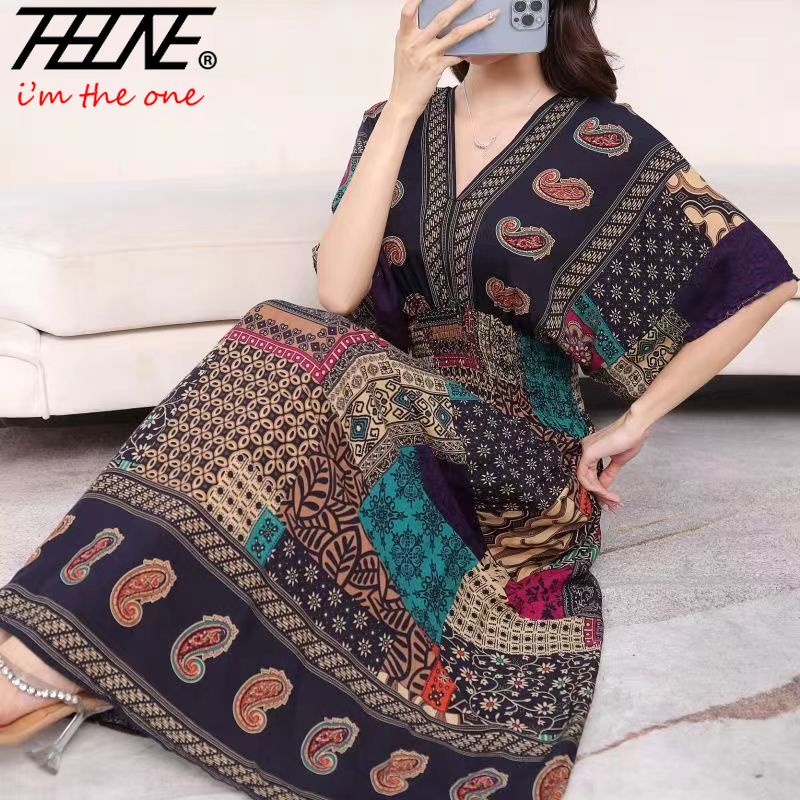 Thhone Đầm maxi cotton Dáng Dài Màu Đen In Hoa Phong Cách vintage bohemian Hàn Quốc Thời Trang Đi Biển Mùa Hè Cho Nữ
