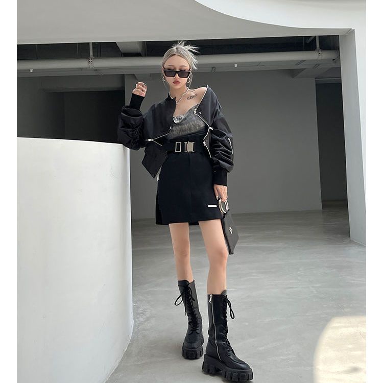 Đen Áo Khoác Bóng Chày Tay Dài Dáng Rộng Có Khóa Kéo Thời Trang Mùa Thu 2023 Cho Nữ