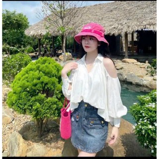 Áo sơ mi tay dài phồng khoét vai lệch tà bí phồng alohashop91