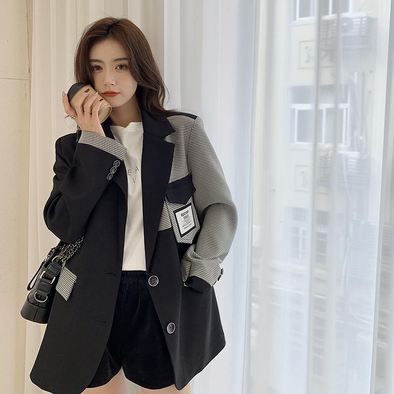 P Áo Khoác blazer Kẻ Sọc Caro Màu Tương Phản Thời Trang Cao Cấp Phong Cách Hàn Quốc 2023