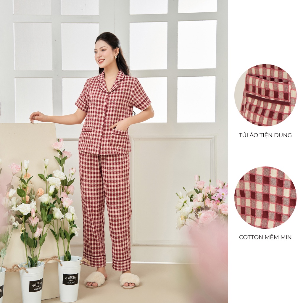 BỘ NGỦ SHE BY ZAM - TCKT2 - BỘ NGẮN TAY QUẦN DÀI KẺ THÔ COTTON ĐỎ