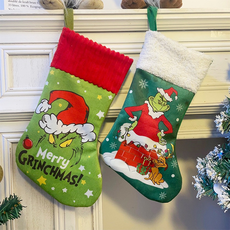 ☢ Vớ Giáng sinh Trang trí cây thông Noel Túi quà kẹo Grinch Green Christmas Socks Mặt dây chuyền Quà tặng Giáng sinh