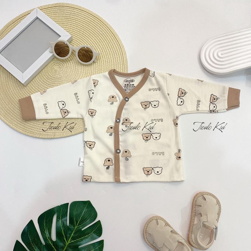 Combo 5 Áo Thu Đông Sơ Sinh - Chất Liệu Thun Tăm - Thiết Kế Vạt Chéo, Nền Kem Hoạ Tiết