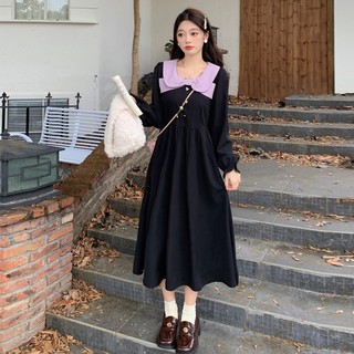 Kii Wii Đầm Midi Chữ a Tay Dài Cổ Búp Bê Màu Tương Phản Phong Cách Cổ Điển Thời Trang Mùa Thu Mới