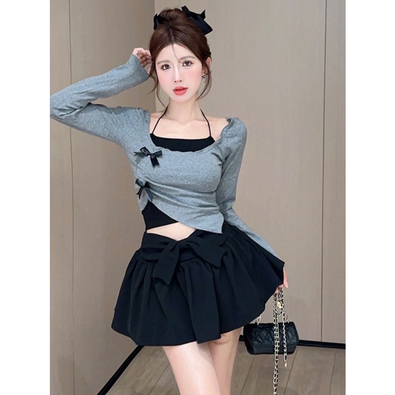 Set Áo Thun Tay Dài Phối Bèo Nhún + Quần Yếm Thời Trang Cho Nữ