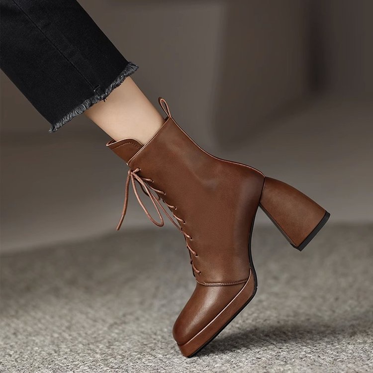 Giày Bốt Cao Gót Mũi Vuông Cột Dây Chống Thấm Nước Thời Trang Cá Tính Cho